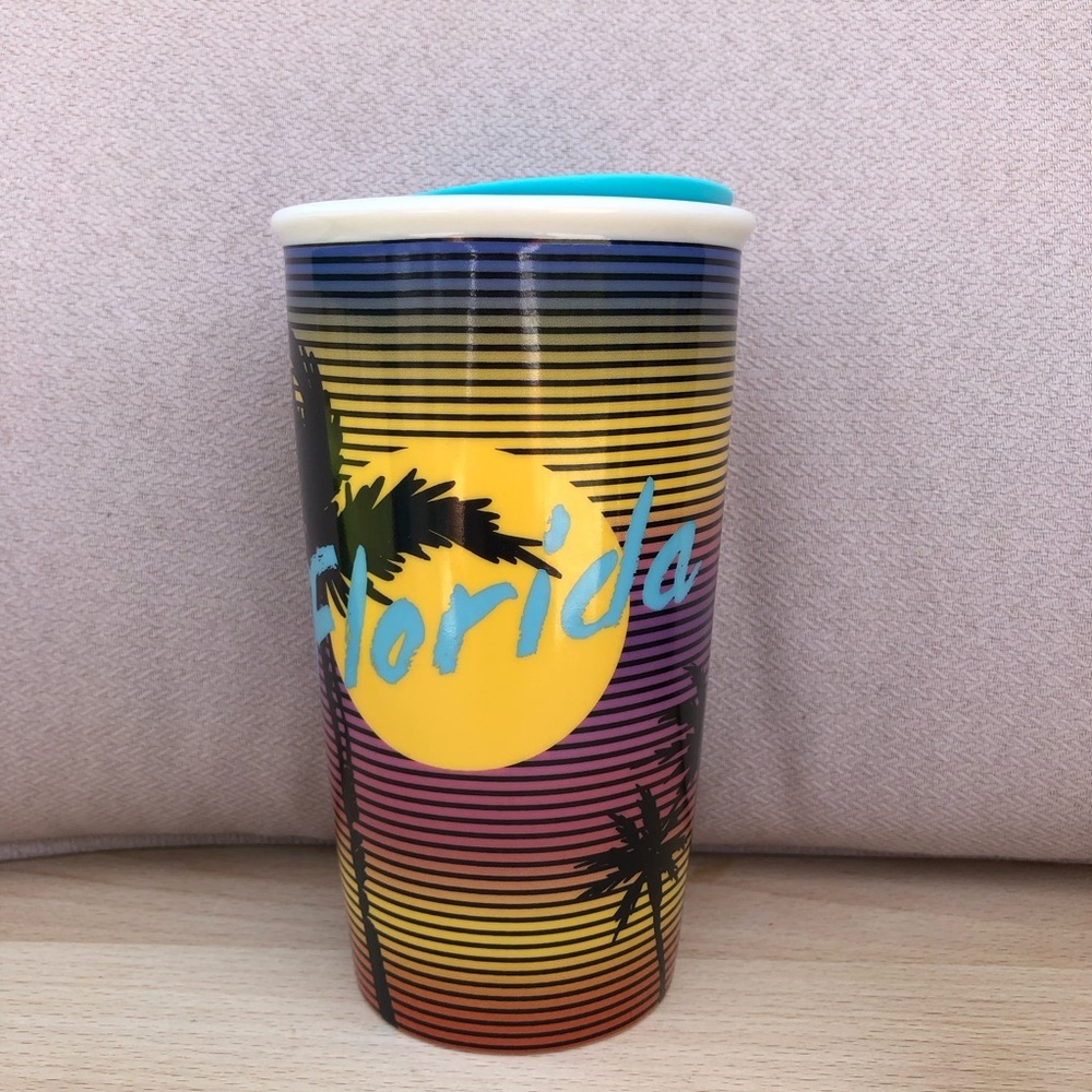 Starbucks 2016 Ceramic Stripes Sunset Palms Florida Travel Cup With Lid 12 Oz. - Picture 3 of 11